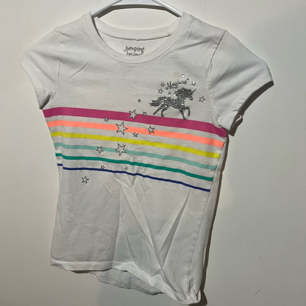 Jumping Beans White T-Shirt with Rainbow Stripes and Unicorn